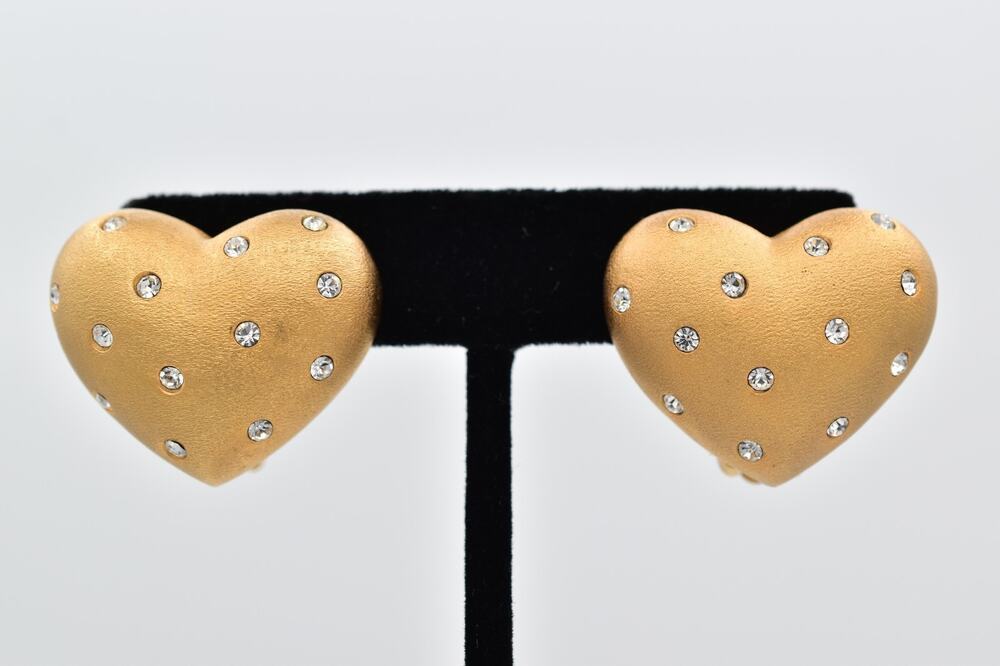 Swarovski Vintage Crystal Heart Clip On Earrings Brushed Gold Swan Signed BinAO